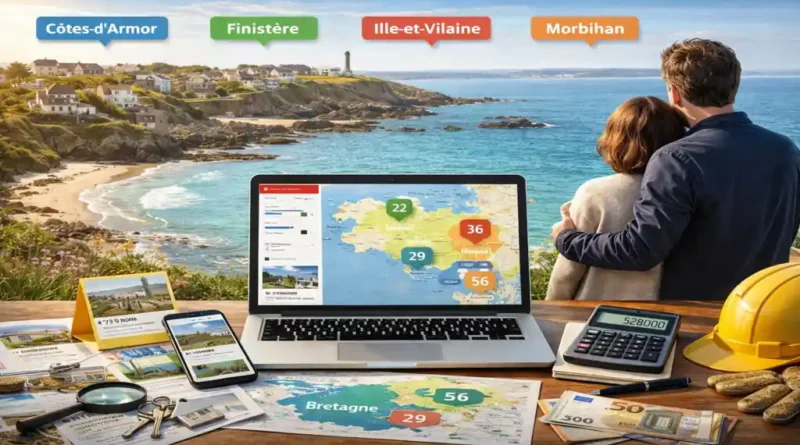 Maison bord de mer en Bretagne avec vue sur la côte, carte des départements bretons et recherche immobilière littorale