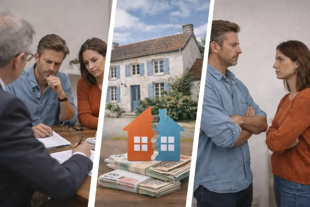 Indivision entre frère et sœur après héritage d’une maison, décision chez le notaire, partage financier et désaccord sur la vente ou le rachat