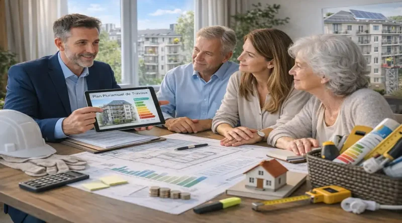 Plan pluriannuel de travaux (PPPT) en copropriété présenté lors d’une réunion avec syndic et copropriétaires, illustrant la programmation des travaux et la rénovation énergétique