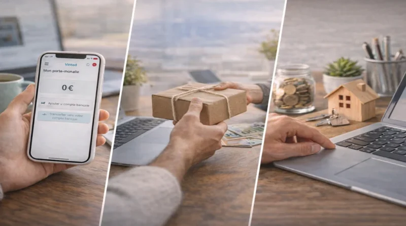 Porte-monnaie Vinted disparu affichant solde à zéro sur smartphone avec vente en attente et transfert bancaire en cours