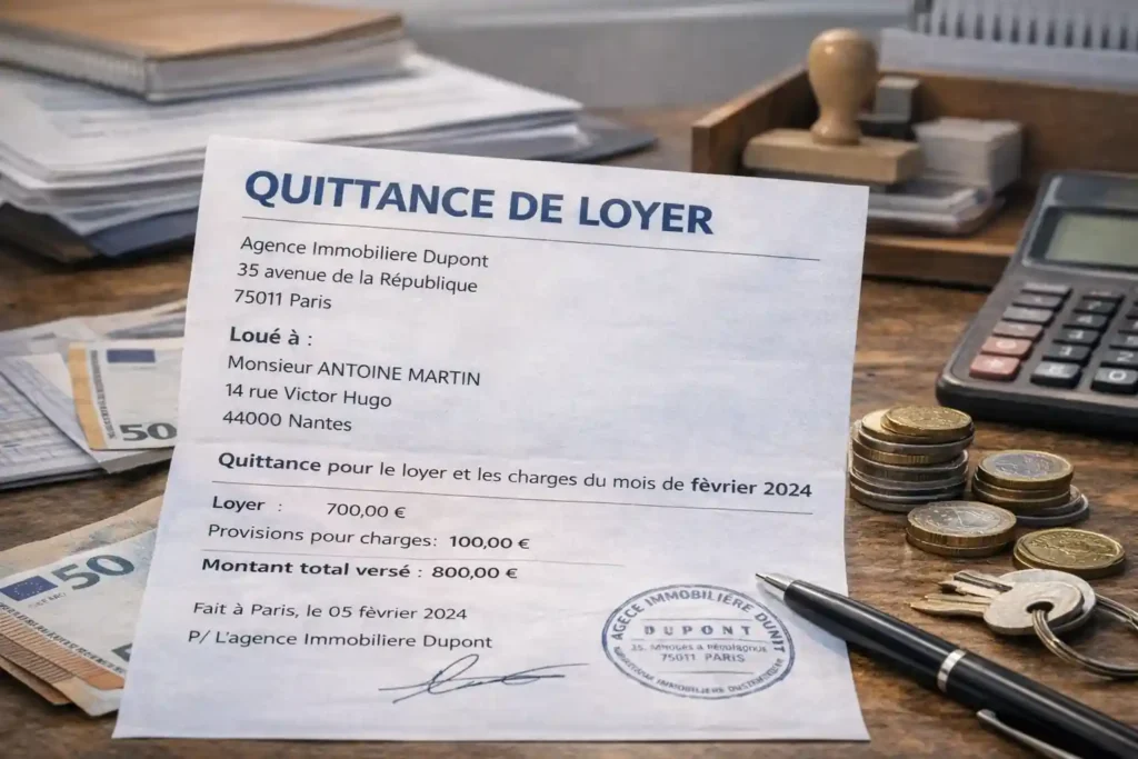quittance de loyer mensuelle détaillant loyer et charges posée sur un bureau avec pièces en euros, clés et calculatrice