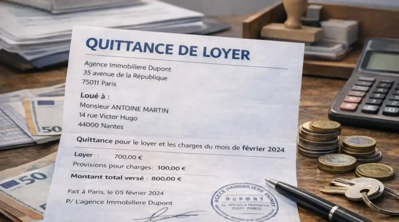 quittance de loyer mensuelle détaillant loyer et charges posée sur un bureau avec pièces en euros, clés et calculatrice