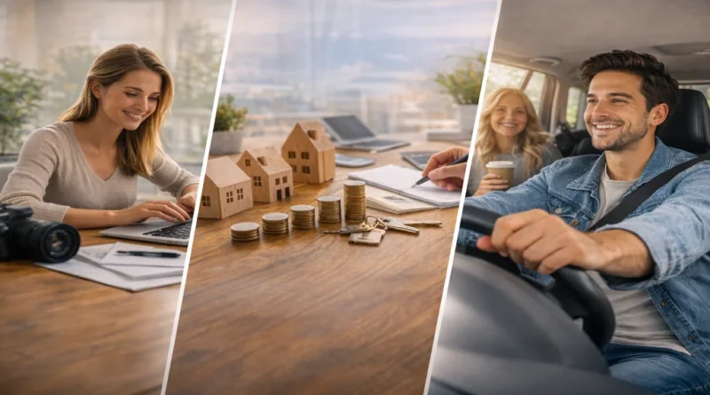 Revenu complémentaire sérieux illustré par freelance sur ordinateur, investissement immobilier et covoiturage