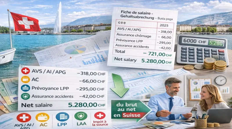 Calcul du salaire brut en net en Suisse avec fiche de paie, déductions AVS LPP impôt à la source et vue de Genève