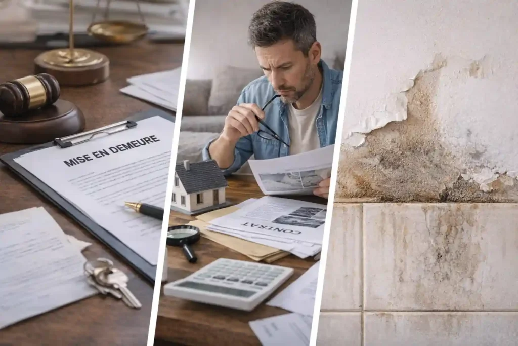 Vice caché immobilier côté vendeur avec mise en demeure, analyse du dossier de vente et expertise d’un dégât d’humidité dans une maison