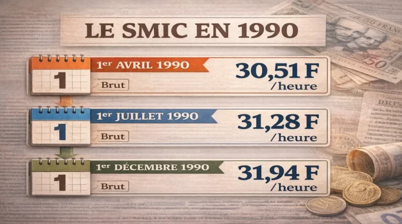 Évolution du SMIC en 1990 avec les trois revalorisations à 30,51 F en avril, 31,28 F en juillet et 31,94 F en décembre illustrées sur une infographie en francs français
