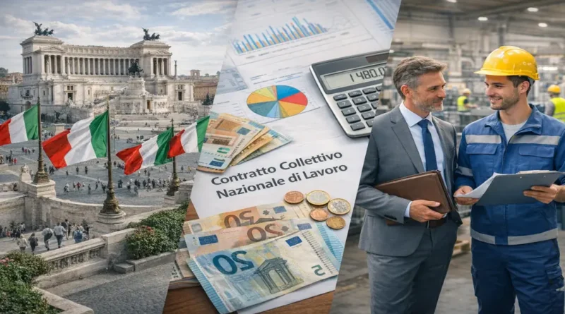 SMIC en Italie illustré par contrat collectif CCNL, billets en euros et travailleurs italiens en usine devant monument de Rome