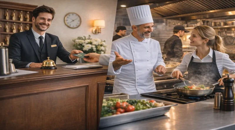 SMIC restauration illustré par réception d’hôtel et cuisine professionnelle en activité