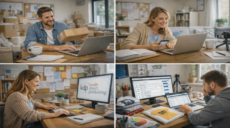 Personnes travaillant depuis chez elles sur ordinateur pour générer un complément de salaire en ligne via différentes activités liées à Amazon.