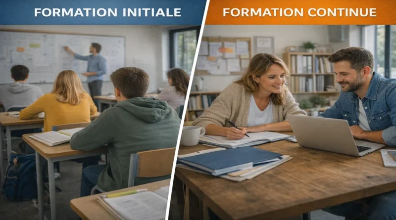 Étudiants en salle de classe et adultes en formation professionnelle illustrant la différence entre formation initiale et formation continue.