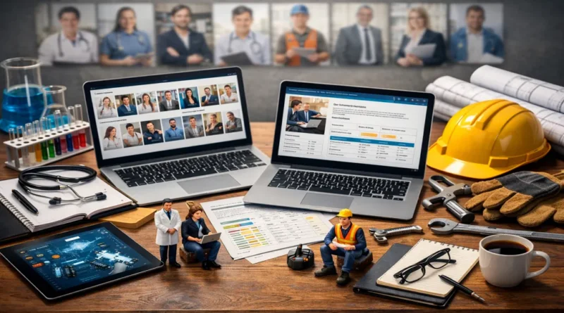 Personne consultant une plateforme de fiches métiers sur ordinateur avec différents outils professionnels représentant plusieurs secteurs comme la santé, l’industrie et le numérique pour l’orientation et la reconversion professionnelle.