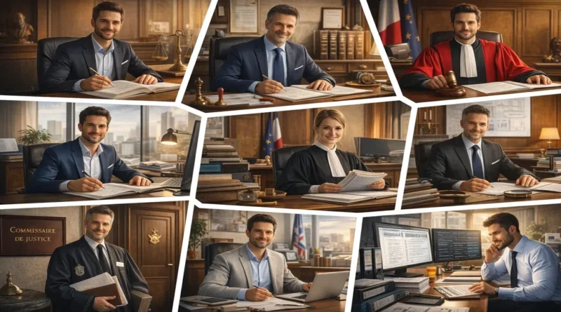 collage réaliste illustrant plusieurs métiers du droit : avocat en cabinet, notaire signant un acte officiel, magistrat dans un tribunal, greffier avec dossiers juridiques, commissaire de justice devant un office et juriste d’entreprise travaillant sur des documents juridiques.