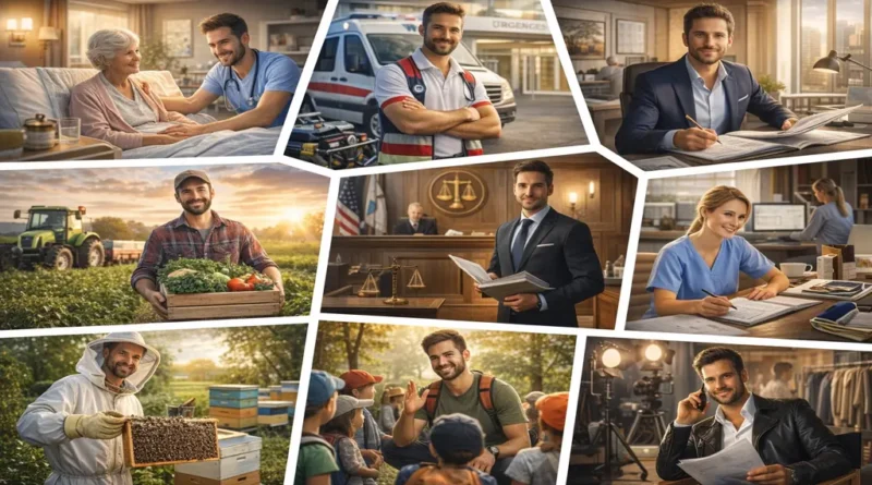 collage réaliste illustrant plusieurs métiers en A : aide-soignant accompagnant une personne âgée, ambulancier devant une ambulance, avocat dans un tribunal, agriculteur dans un champ, apiculteur avec une ruche, animateur encadrant des enfants et acteur sur un plateau de tournage.