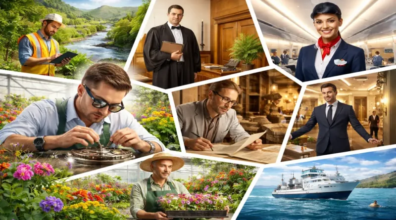 collage réaliste illustrant plusieurs métiers en H : horloger réparant une montre, horticulteur dans une serre, hôtesse de l’air dans un avion, hôtelier à la réception et scientifique étudiant l’eau.