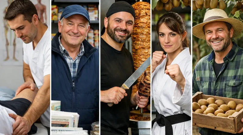 Collage réaliste de plusieurs métiers en K avec un kinésithérapeute, un kiosquier, un kebabier, une karatéka et un kiwiculteur en situation de travail