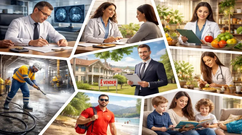 collage réaliste représentant plusieurs métiers en N : notaire signant un acte juridique, neurologue analysant un cerveau sur écran médical, nutritionniste avec fruits et légumes, négociateur immobilier devant une maison à vendre, nettoyeur industriel au travail, nageur sauveteur sur la plage et nourrice lisant une histoire à des enfants.