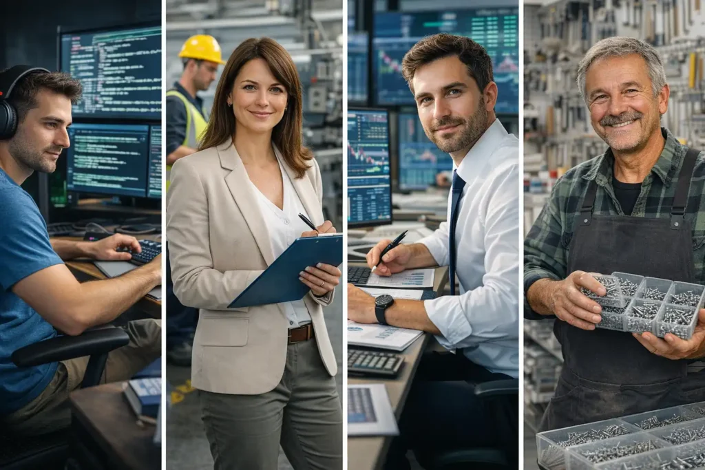 Montage réaliste de plusieurs métiers en Q avec un QA engineer, une responsable qualité, un analyste quantitatif et un quincaillier en situation professionnelle