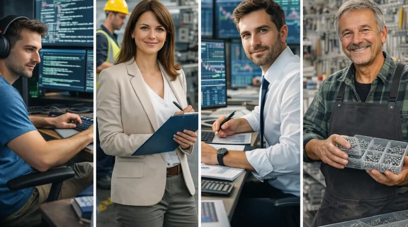 Montage réaliste de plusieurs métiers en Q avec un QA engineer, une responsable qualité, un analyste quantitatif et un quincaillier en situation professionnelle