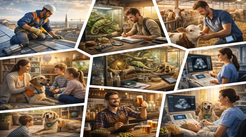 collage réaliste illustrant plusieurs métiers en Z : zingueur travaillant sur une toiture en zinc, zoologiste observant un reptile en laboratoire, zootechnicien s’occupant de bovins en élevage, zoothérapeute avec un chien auprès d’enfants et zythologue dégustant et analysant une bière artisanale.