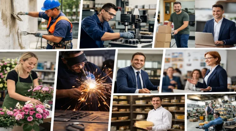 Collage réaliste de plusieurs professionnels au travail représentant des métiers commençant par la lettre F : façadier sur chantier, fraiseur en atelier industriel, fleuriste préparant un bouquet, ferronnier soudant du métal, formateur en salle et fromager en boutique.