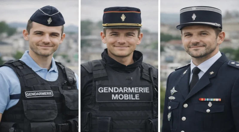 Portraits de gendarmes français de différents grades en uniforme illustrant les niveaux de salaire dans la gendarmerie.