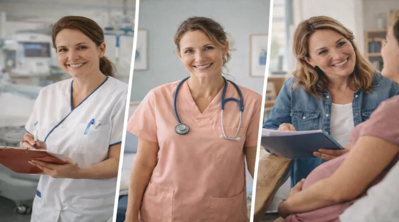 Montage réaliste de trois sages-femmes exerçant en hôpital public, clinique privée et cabinet libéral en France.