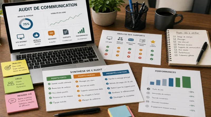 audit de communication avec ordinateur, rapports d’analyse, indicateurs marketing, supports à vérifier et plan d’action sur bureau professionnel