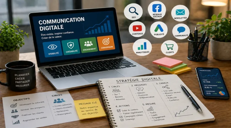 communication digitale avec ordinateur, smartphone, réseaux sociaux, SEO, newsletter et indicateurs marketing sur un bureau professionnel