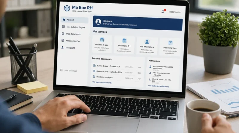 Salarié consultant un portail RH en ligne sur ordinateur pour accéder à ses documents administratifs et bulletins de paie