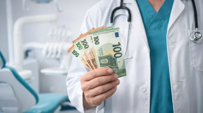 Dentiste en cabinet moderne tenant des billets en euros, illustration du salaire et des revenus d’un chirurgien-dentiste en France