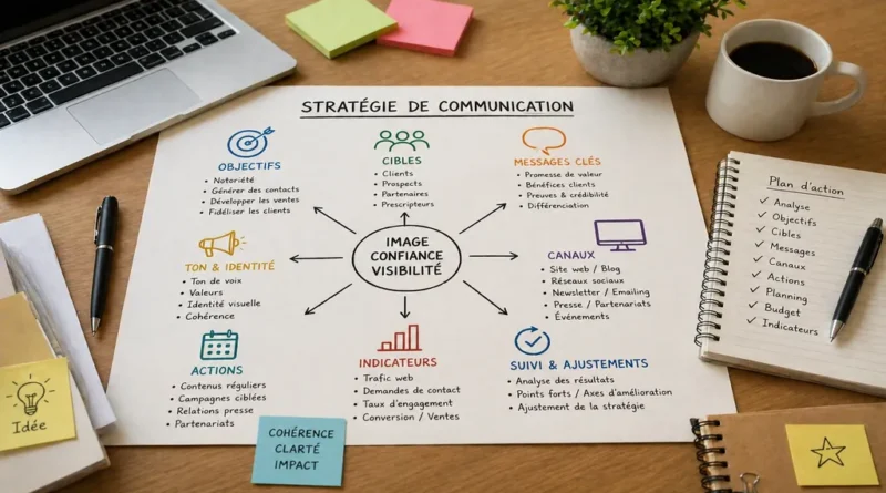 stratégie de communication préparée sur un bureau avec ordinateur, carnet, objectifs marketing et supports de planification