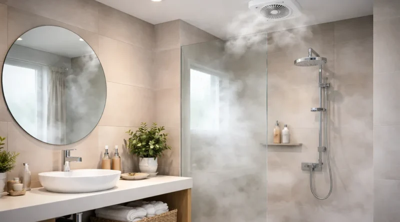 Salle de bain moderne avec douche à l’italienne et système de VMC au plafond pour évacuer l’humidité