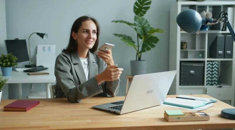 Femme d’affaires travaillant sur un ordinateur portable et un smartphone dans un bureau moderne pour gérer la facturation électronique.