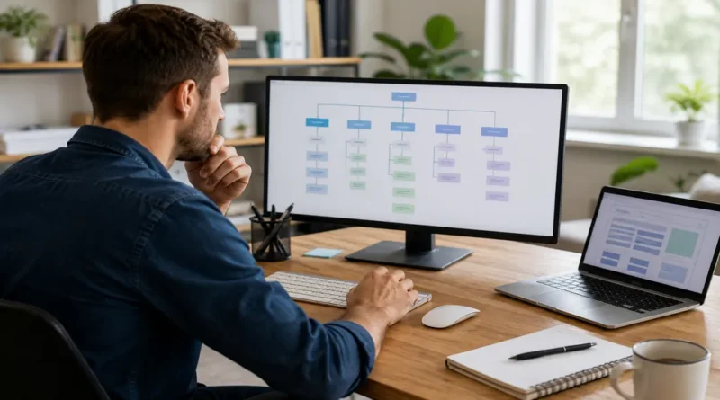 Professionnel travaillant sur l’arborescence d’un site web depuis un écran d’ordinateur.