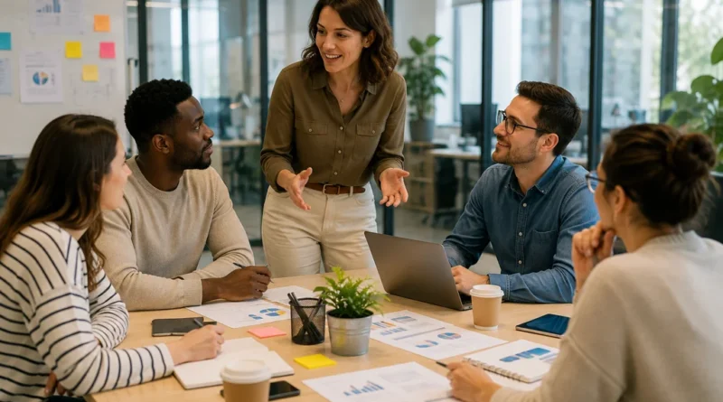 Équipe échangeant au sein de l’entreprise lors d’une réunion professionnelle.