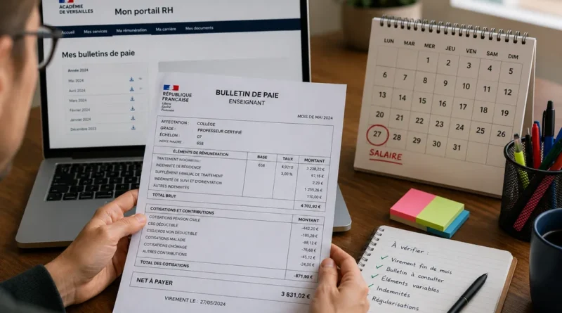 Enseignant consultant son bulletin de paie et son calendrier de salaire.