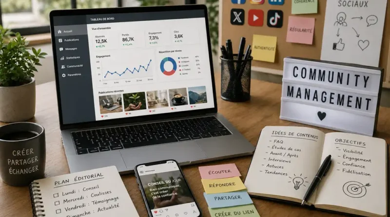 Espace de travail digital illustrant le community management et la gestion des réseaux sociaux