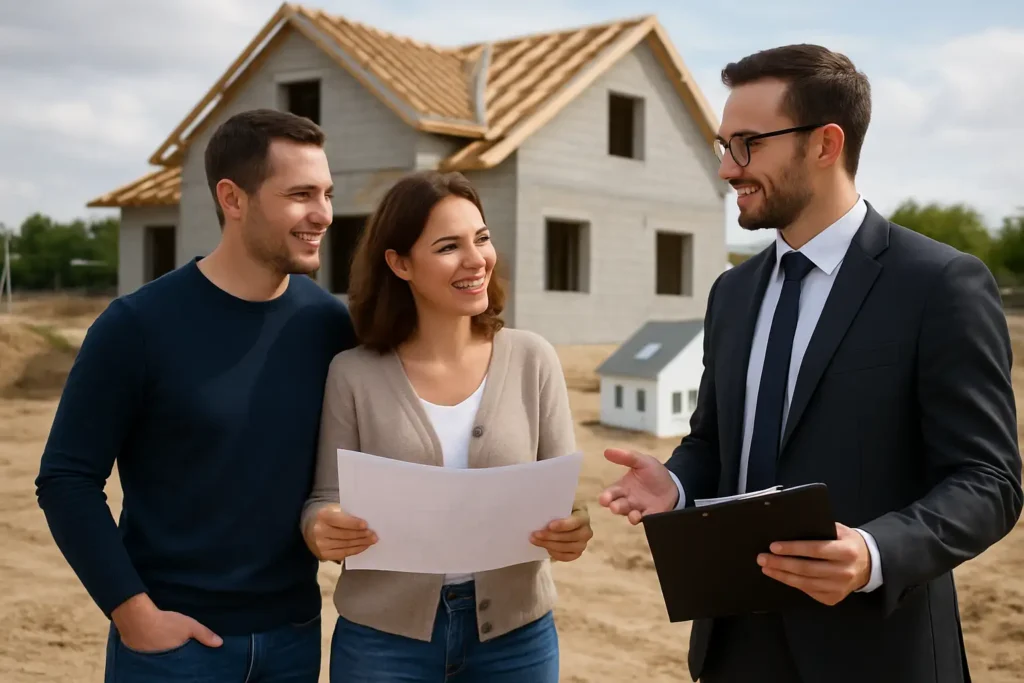 Couple et conseiller examinant un projet de maison individuelle sur un terrain de construction