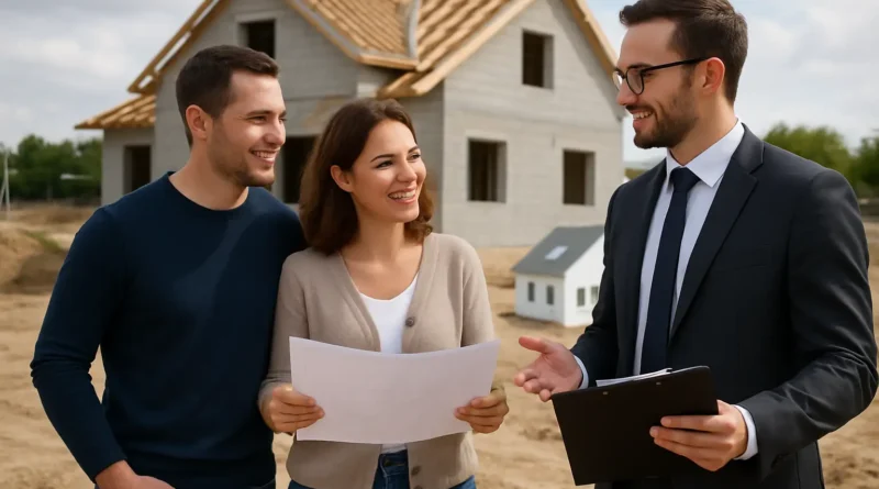 Couple et conseiller examinant un projet de maison individuelle sur un terrain de construction