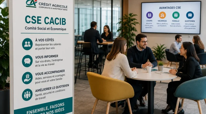 Salariés échangeant dans un espace de bureau moderne autour des services et avantages proposés par le CSE CACIB.