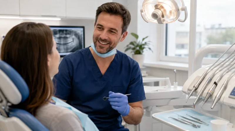 Dentiste en cabinet dentaire moderne expliquant un soin à une patiente en fauteuil.