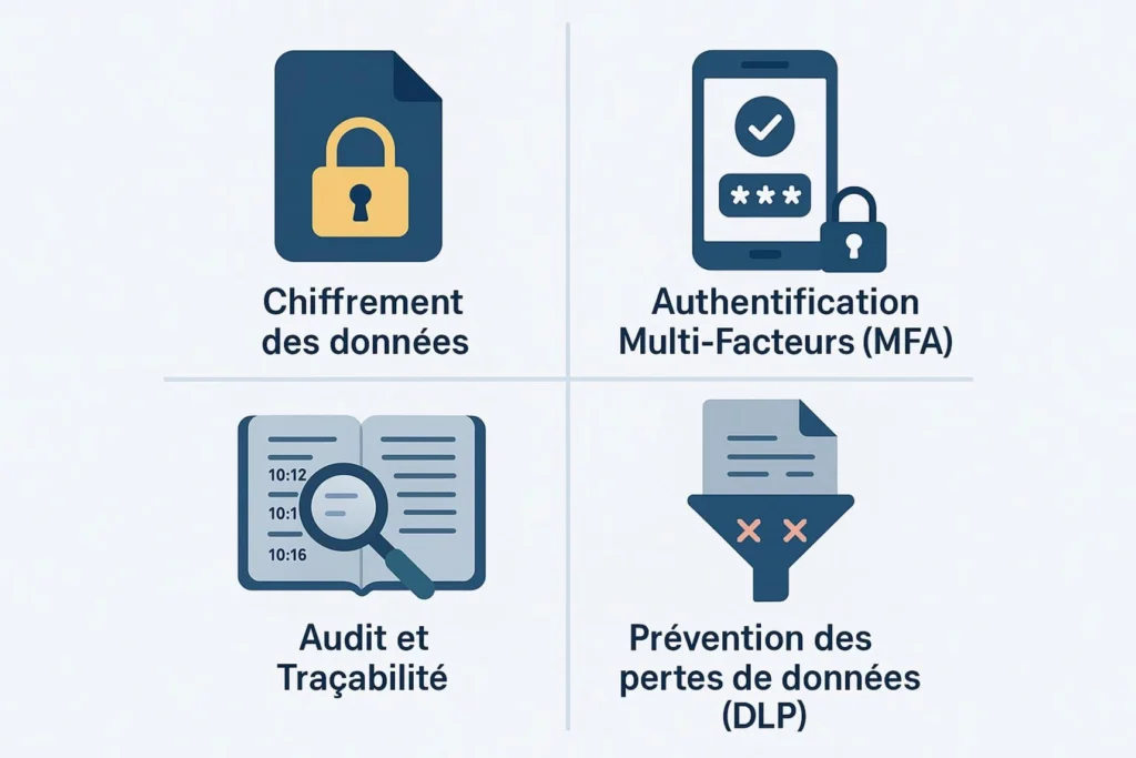 Illustration des principales fonctionnalités de collaboration sécurisée avec chiffrement des données, MFA, audit et prévention des pertes de données.
