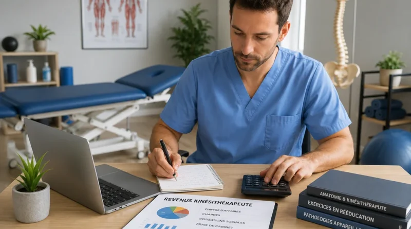 Kinésithérapeute calculant ses revenus dans un cabinet moderne avec ordinateur, calculatrice et documents professionnels.