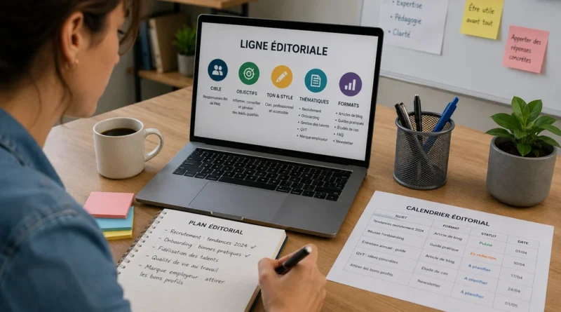 Professionnelle préparant une ligne éditoriale avec ordinateur, calendrier de contenu et notes de travail sur un bureau moderne.