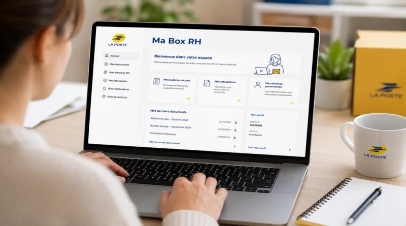 Salariée consultant son espace RH en ligne La Poste depuis un ordinateur portable.
