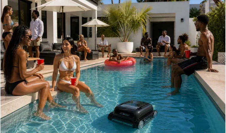 Maison moderne avec piscine entretenue lors d’un moment de détente en extérieur