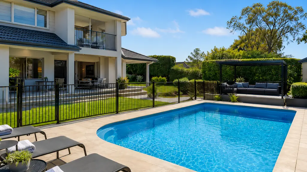 Maison moderne avec piscine propre et espace extérieur aménagé pour l’entretien régulier