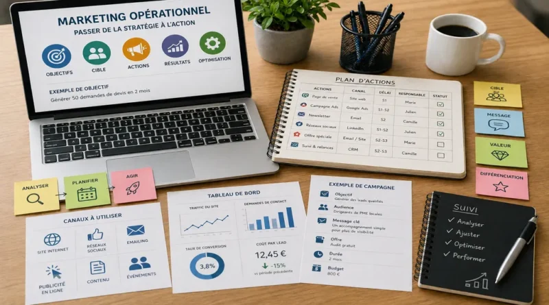 marketing opérationnel avec ordinateur, plan d’action, supports de campagne, indicateurs de performance et organisation commerciale sur bureau