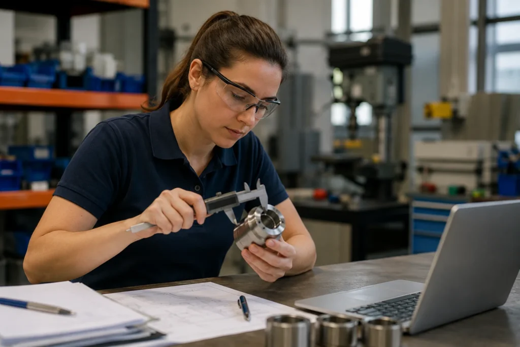 Professionnelle contrôlant une pièce industrielle avec précision dans un atelier qualité.