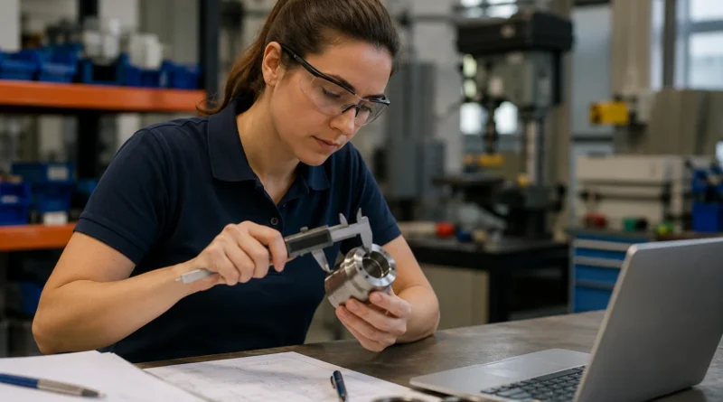 Professionnelle contrôlant une pièce industrielle avec précision dans un atelier qualité.